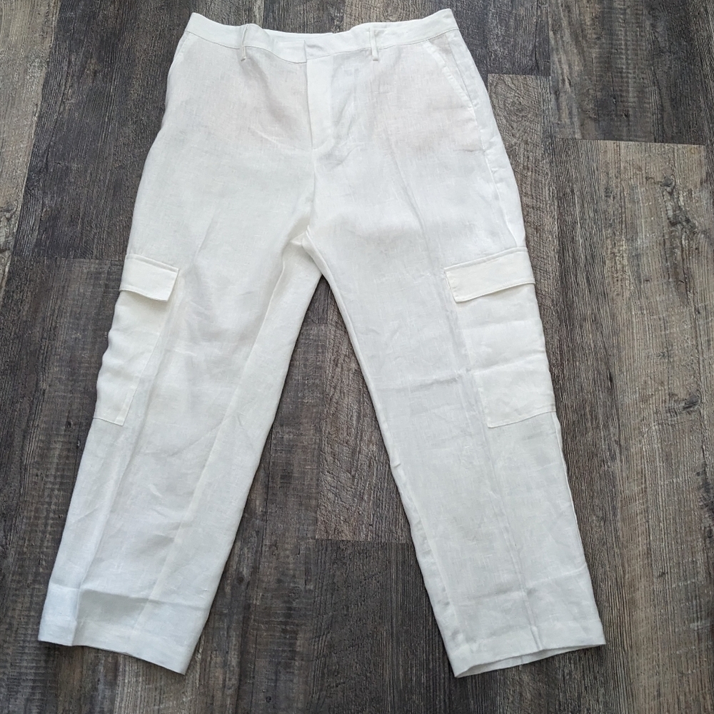 NWT Mango White Linen Straight Leg High Waist Cargo Pants Size 14